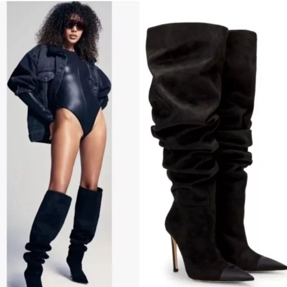 NIB $295 GOOD AMERICAN SLOUCHY OVER-THE-KNEE BLACK SUEDE STILETTO BOOTS SIZE 8